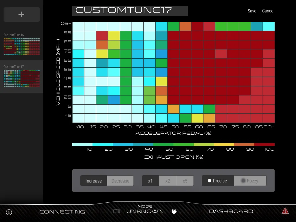 iPad app screen showing a grid of vehicle speed against accelerator pedal percentage, each cell colored from pale blue to deep red for how far open the exhaust is