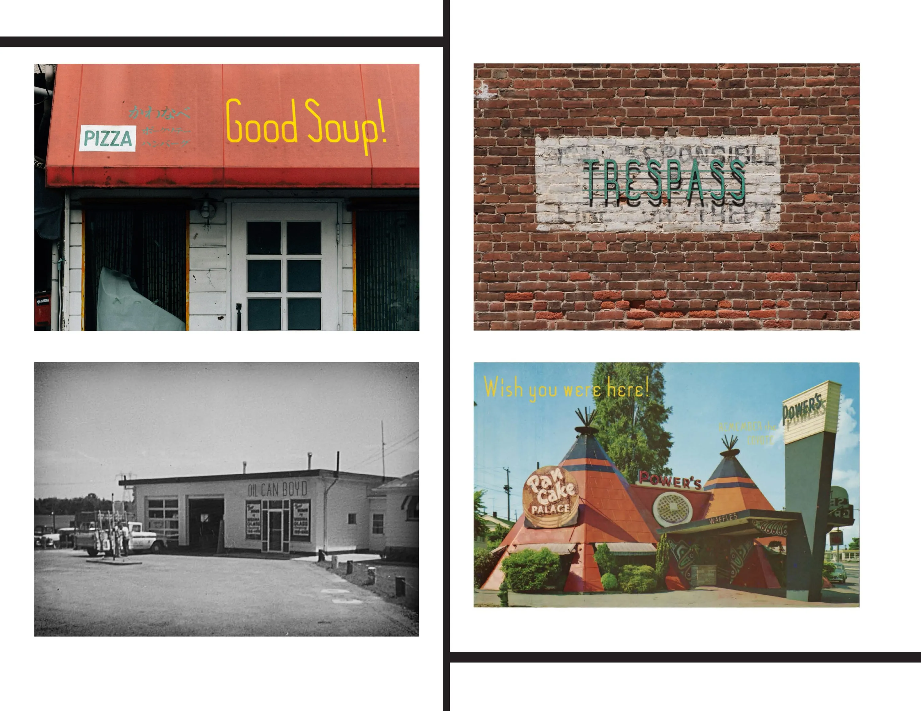 The typeface applied to storefront and roadside signage and postcard mockups