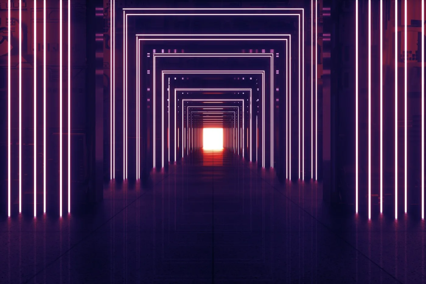 Perspective corridor lined with glowing neon bars receding to a bright doorway