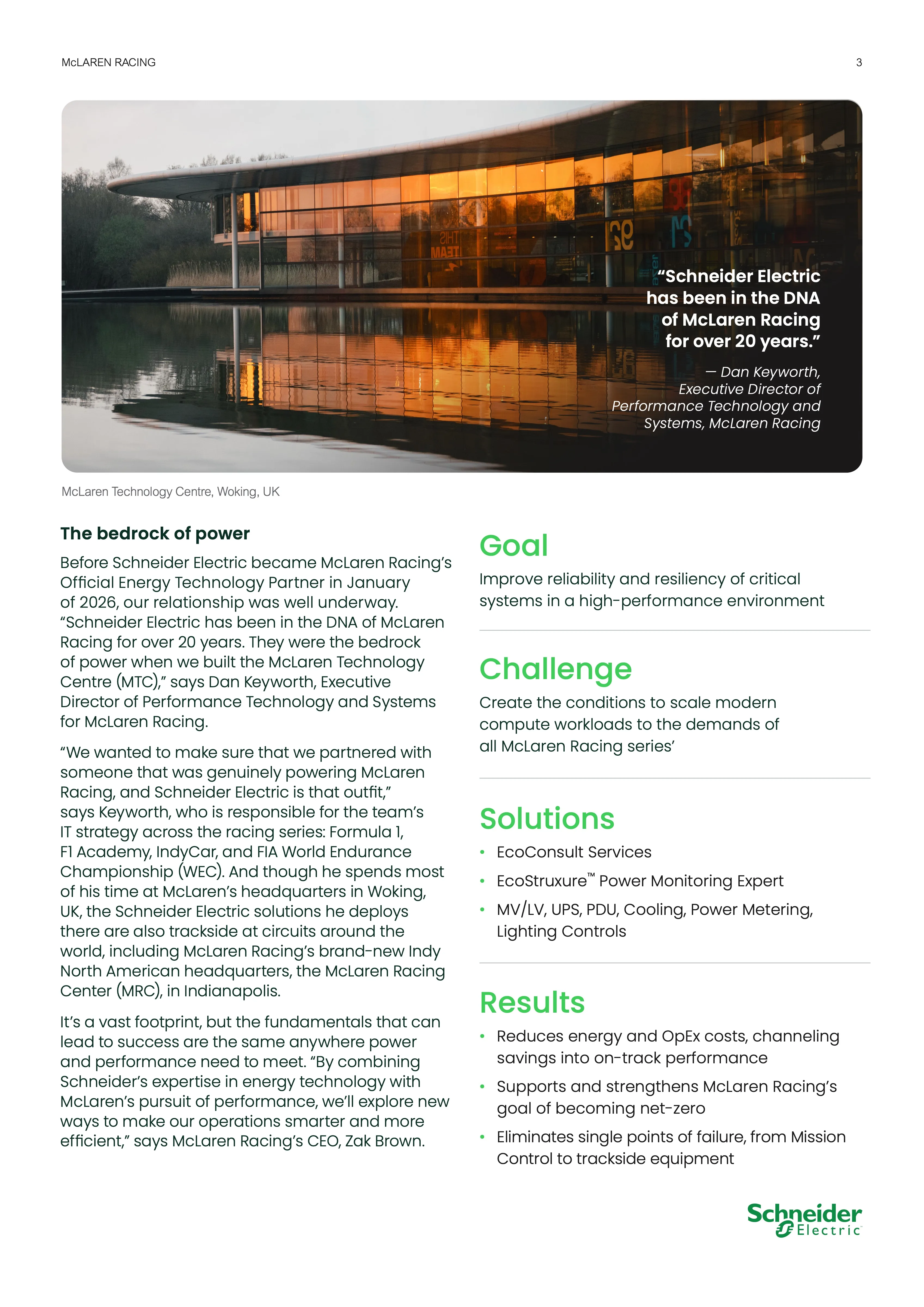 Page three, opening spread with goal, challenge, solutions and results sidebar