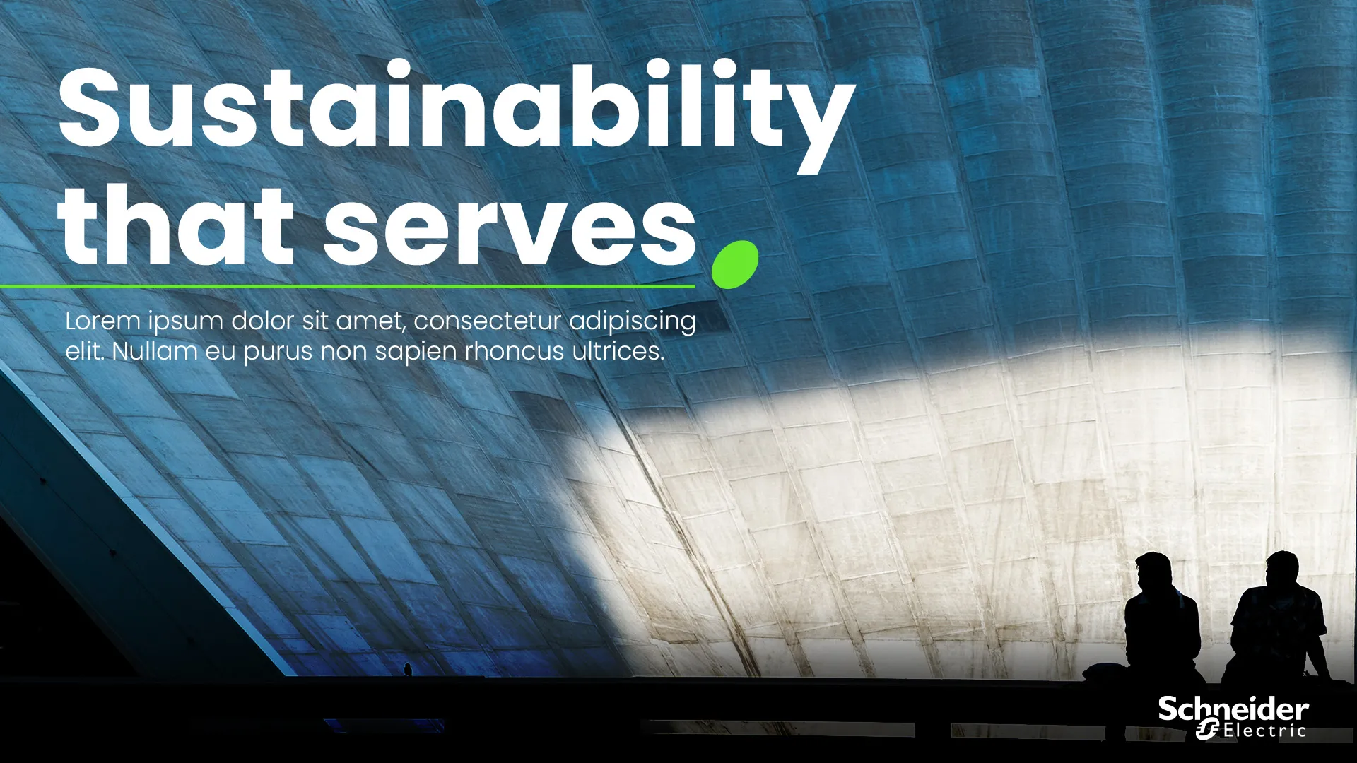 Campaign card reading Sustainability that serves, with placeholder body copy, over the blue concrete face of a dam