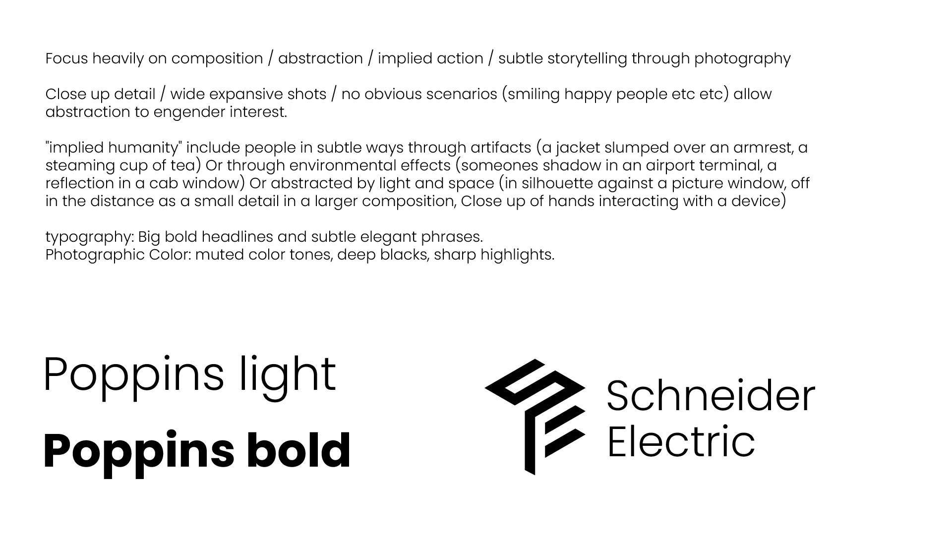 Direction page showing the photographic brief, Poppins light and Poppins bold, and the proposed logo lockup