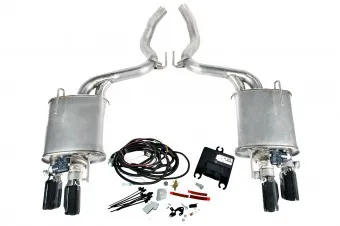 The complete Active Exhaust kit laid out on white — mufflers, tips, piping, wiring harness and control module