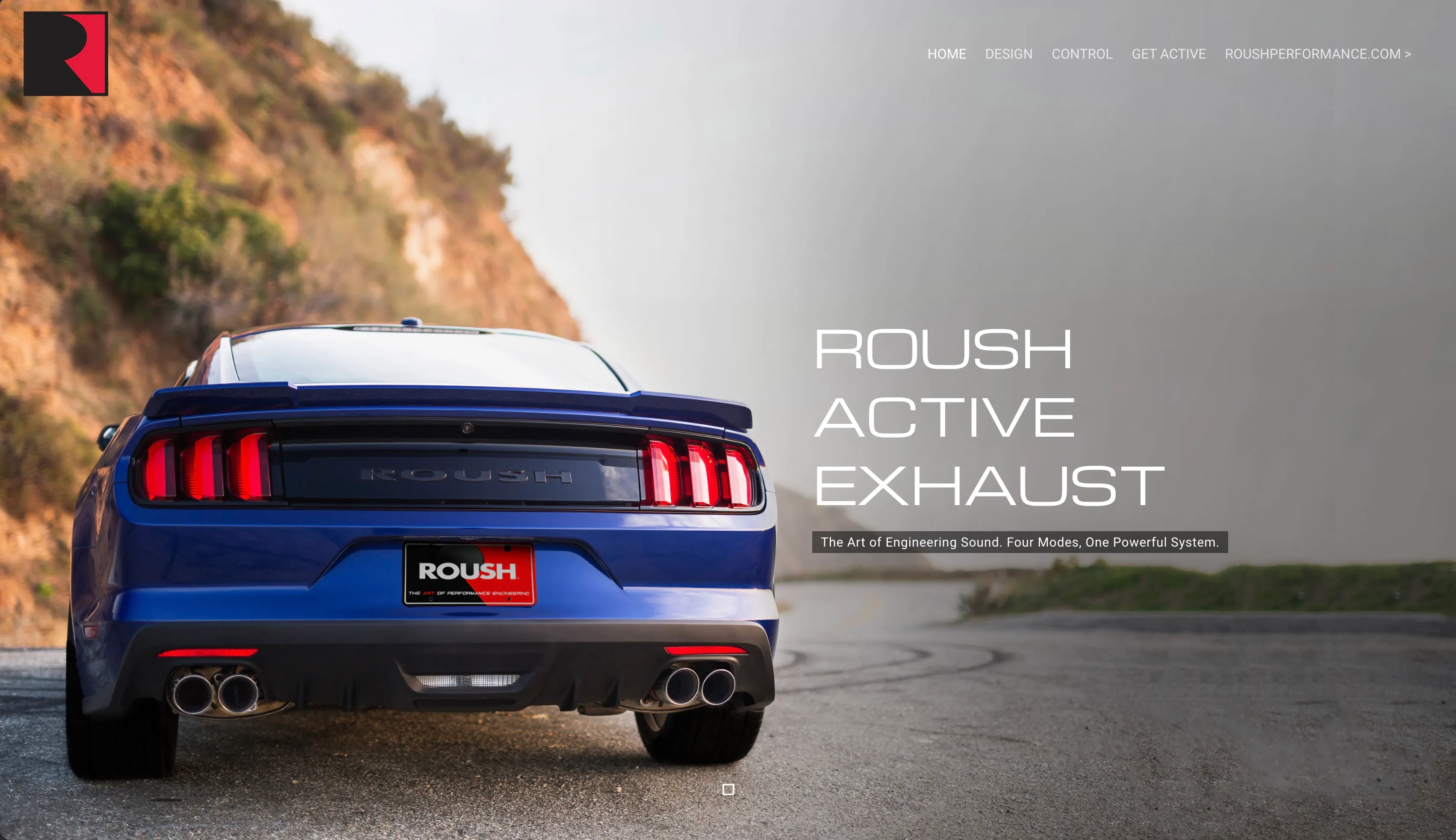 Top of the site: a blue ROUSH Mustang shot square from behind on a coastal road, with ROUSH ACTIVE EXHAUST set large to the right over the line The Art of Engineering Sound. Four Modes, One Powerful System.