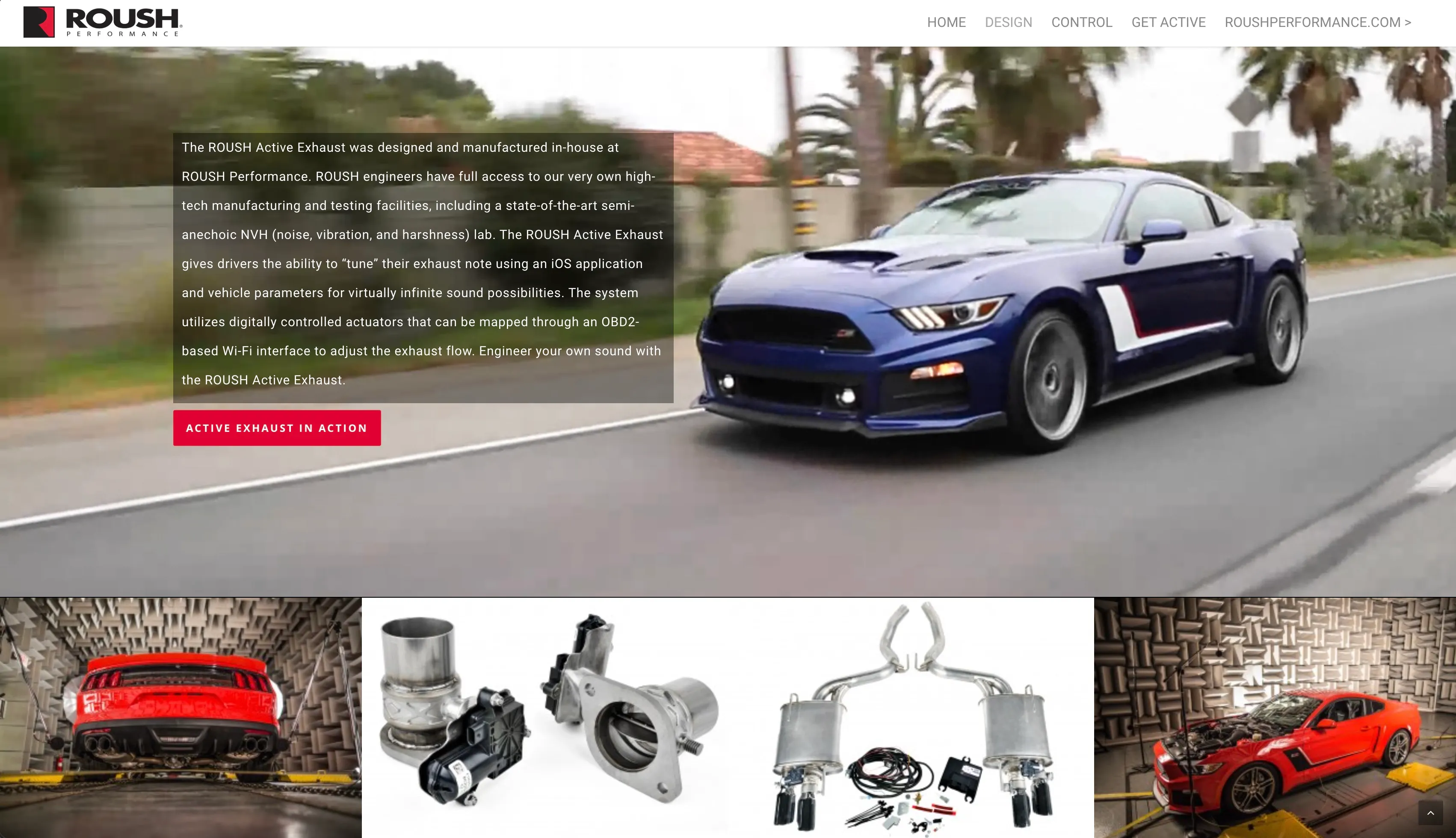 The Active Exhaust in Action section, with the header video running full width behind a translucent block of intro copy and a red Active Exhaust in Action button