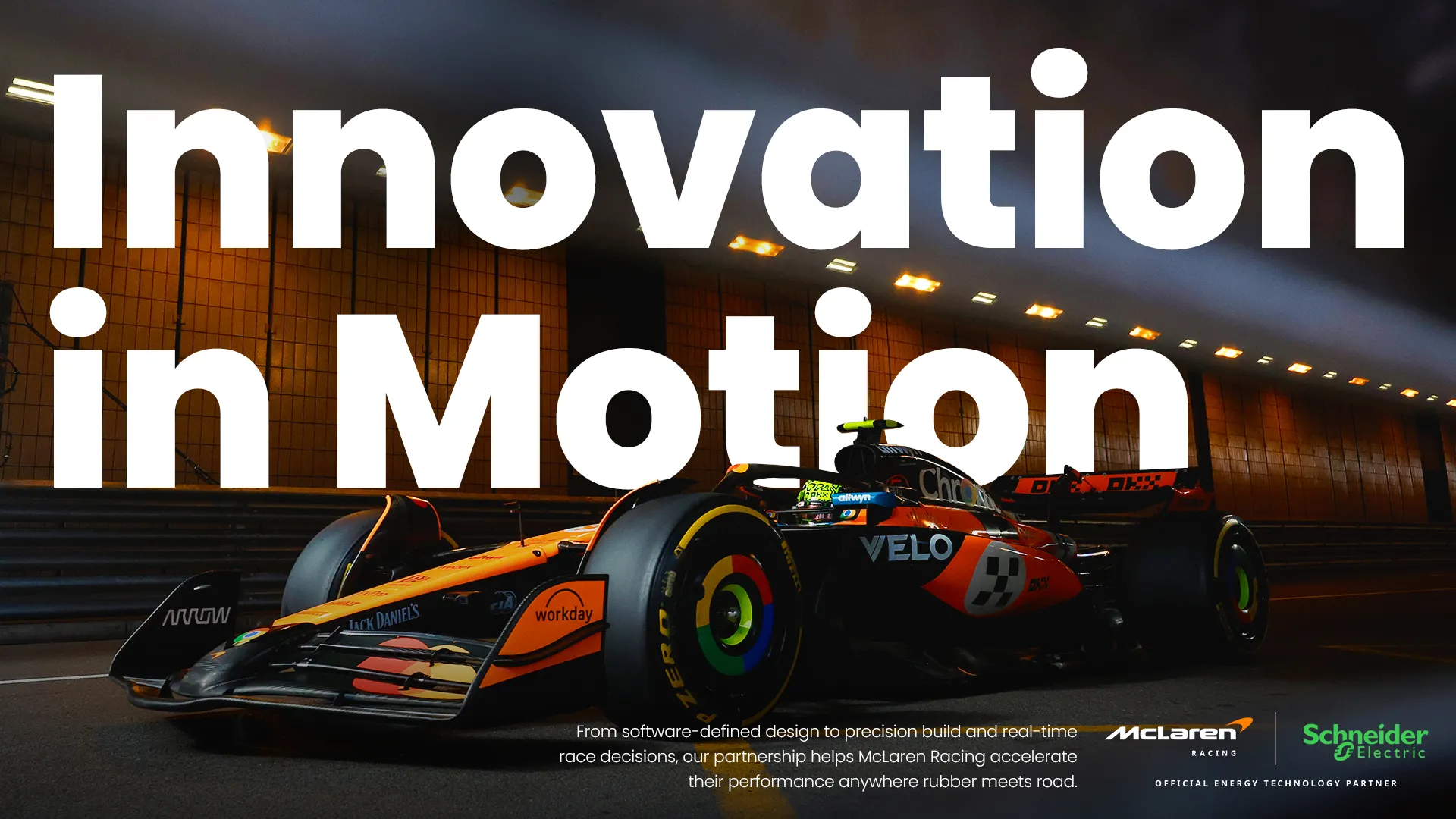McLaren Formula 1 car in the Monaco tunnel with the headline Innovation in Motion set across the frame