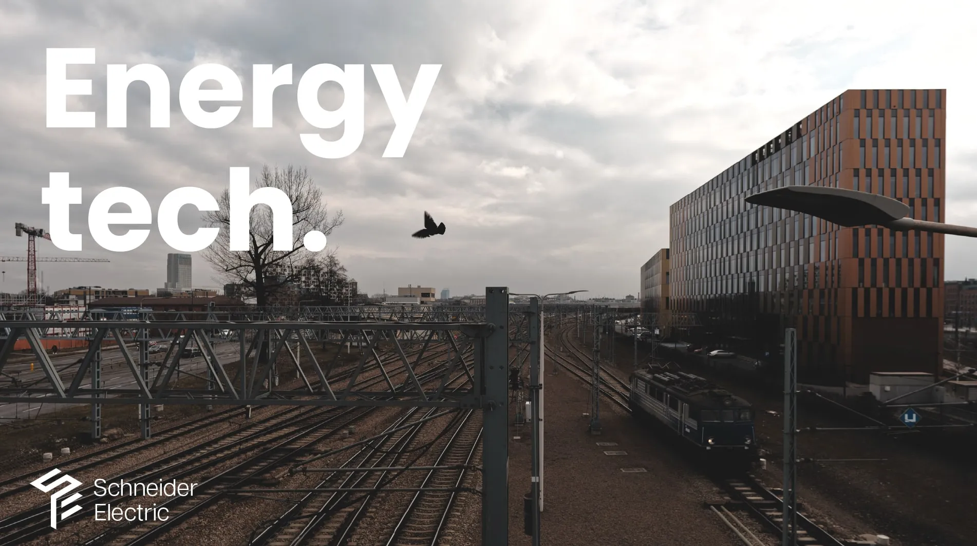 Rail yard under grey cloud, a bird mid-frame