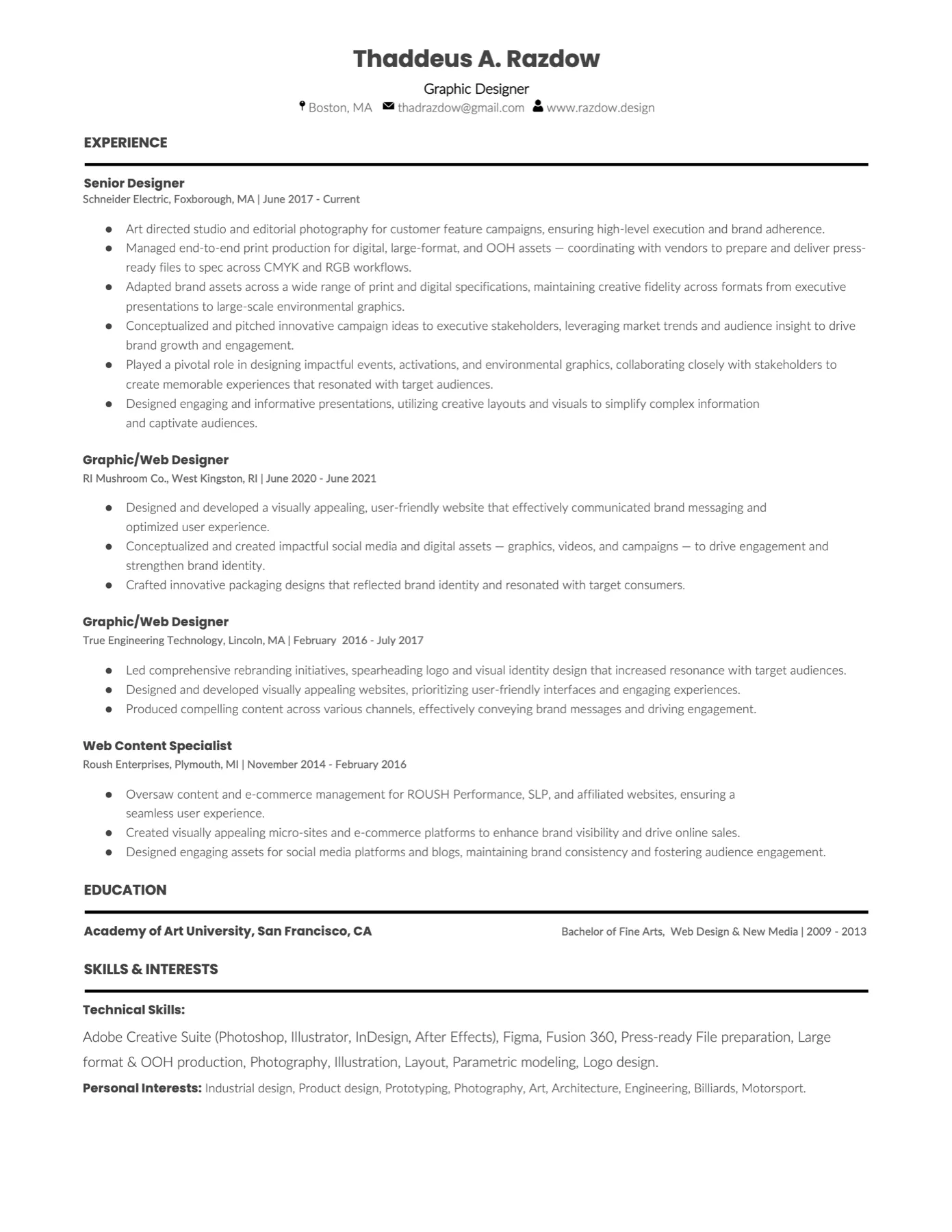 Single-page résumé for Thaddeus A. Razdow
