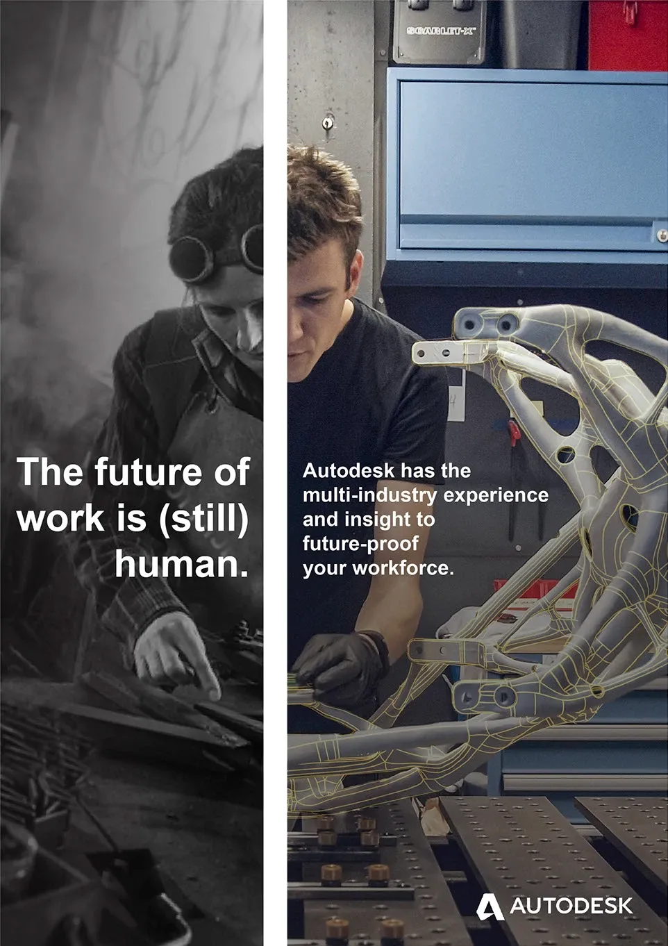 Paired vertical panels — an archival photograph of a welder beside a maker working with a CAD wireframe overlaid on a bike frame