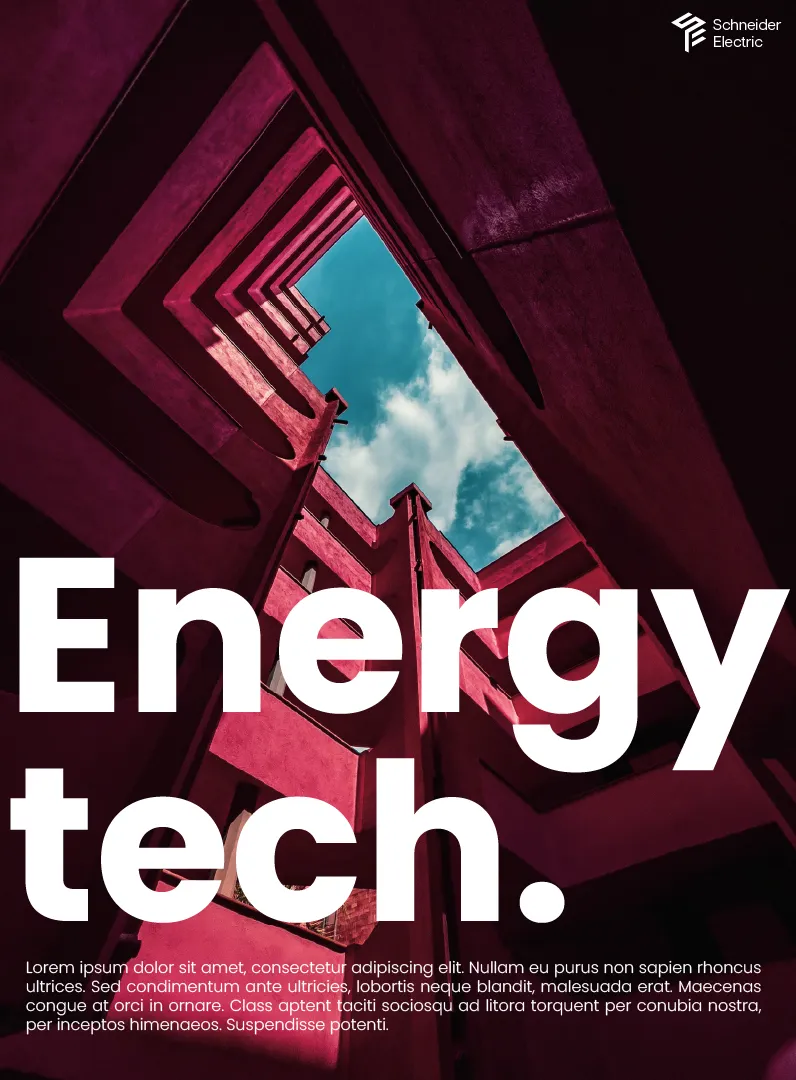 Poster with the headline Energy tech. set over a magenta-toned photograph of a stepped concrete building looking up at the sky