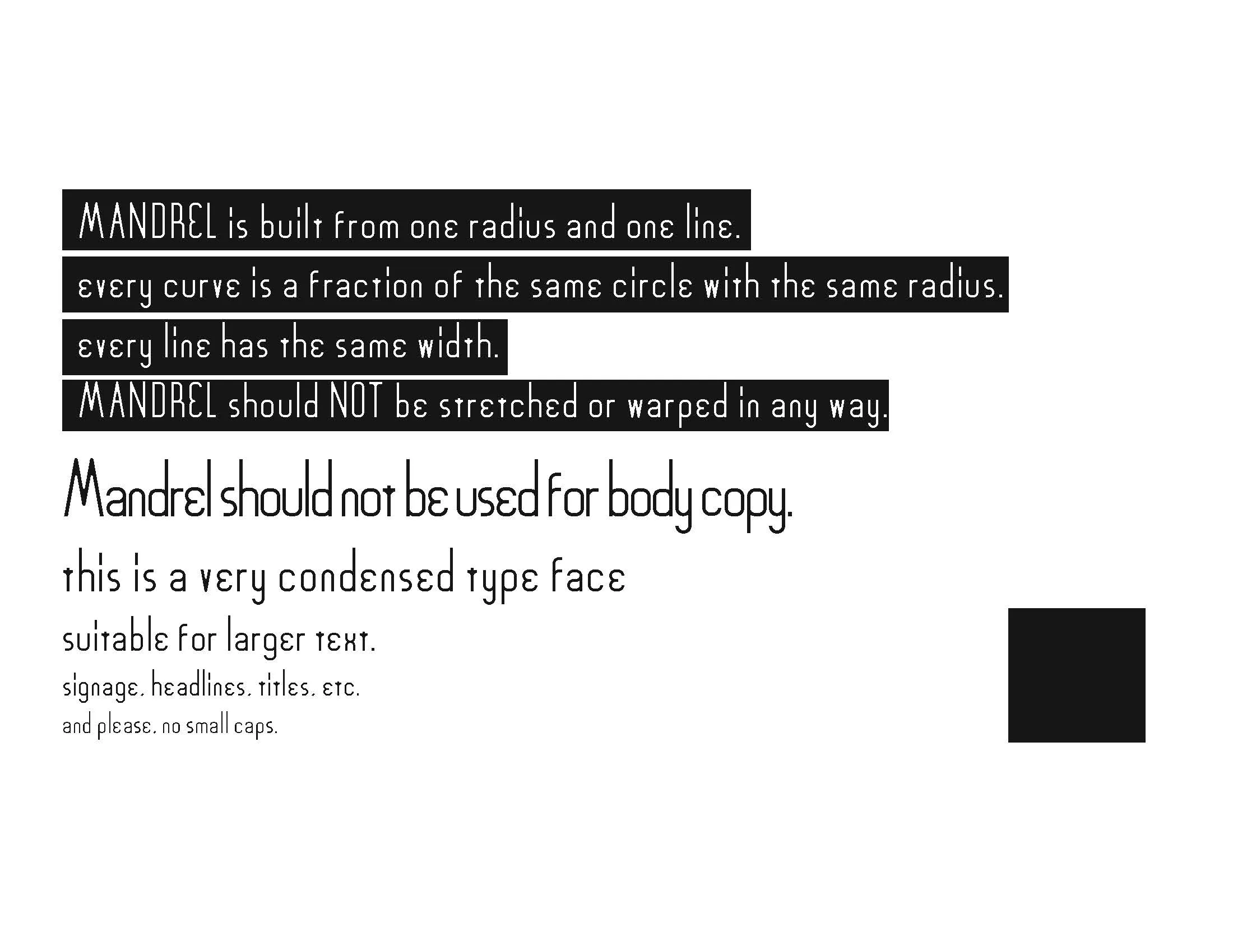 The rules page of the spec book, listing the construction and usage rules for the typeface