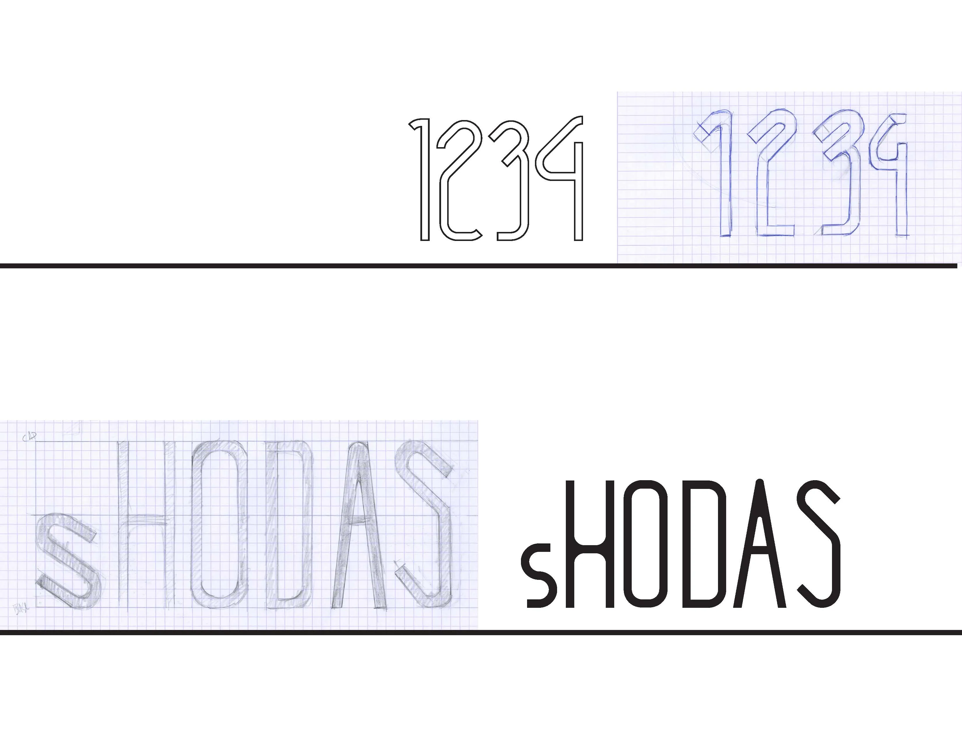 Pencil sketches of numerals and letterforms on graph paper beside the finished digital forms