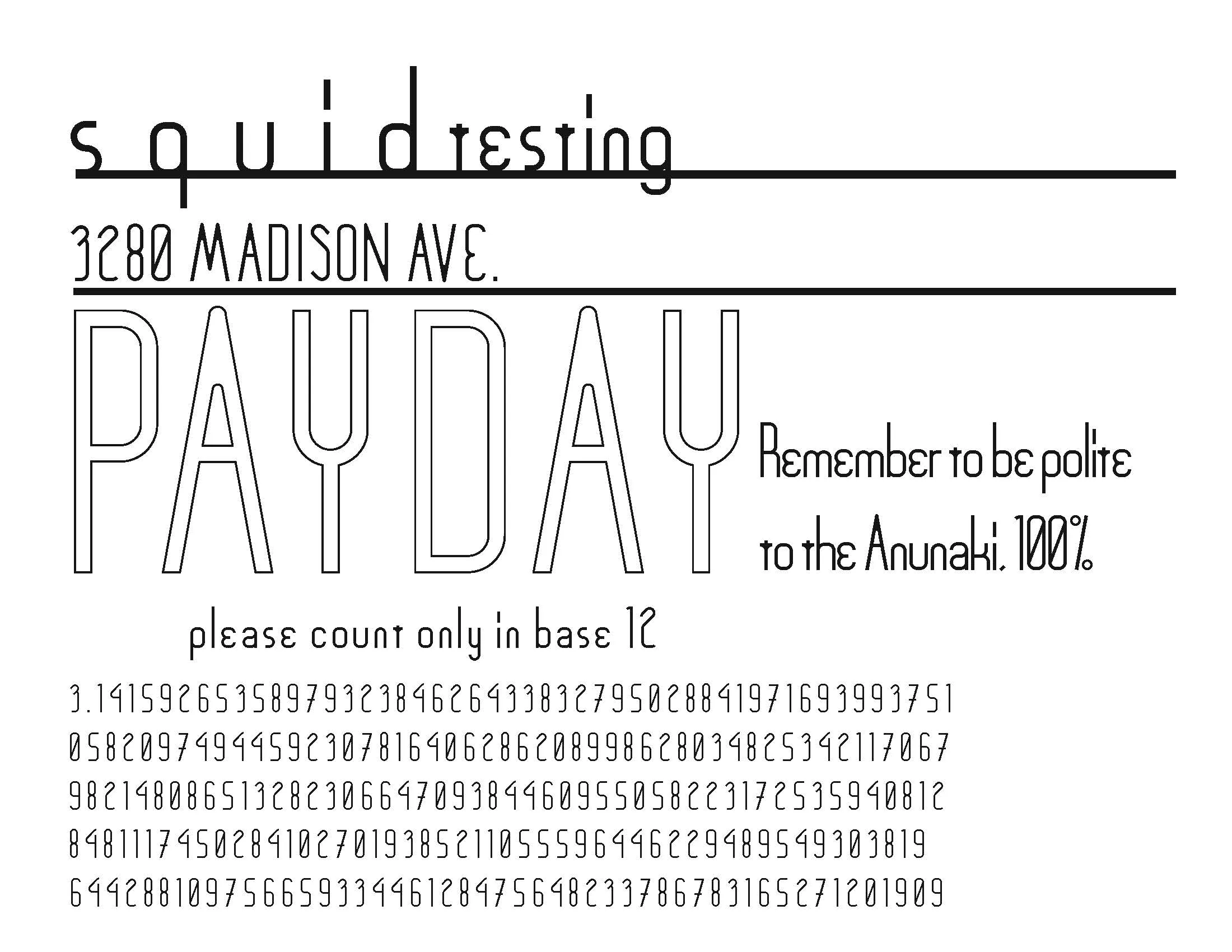 Specimen page setting nonsense copy, an outlined PAYDAY, and several lines of pi