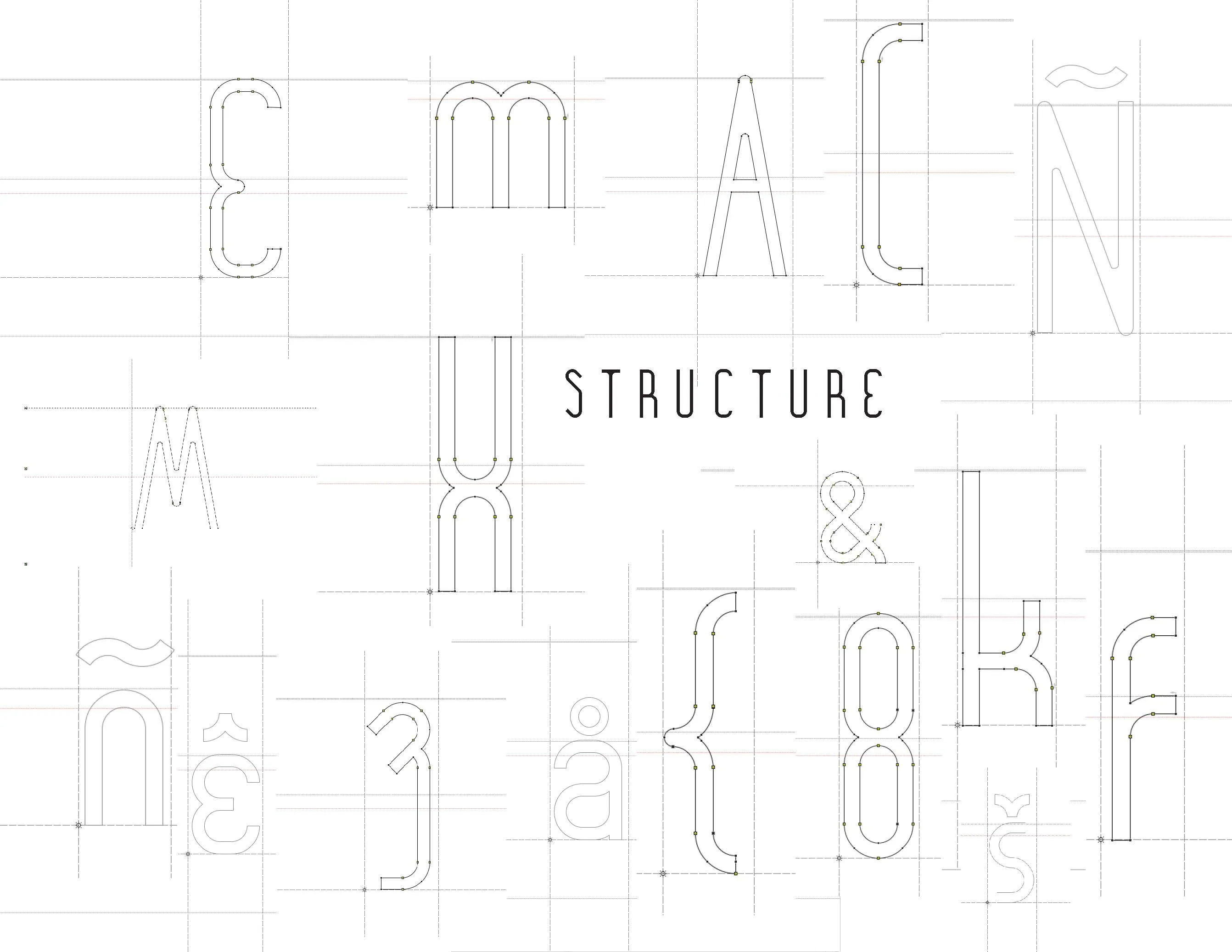 Vector outlines of characters showing anchor points, guides and overshoot lines