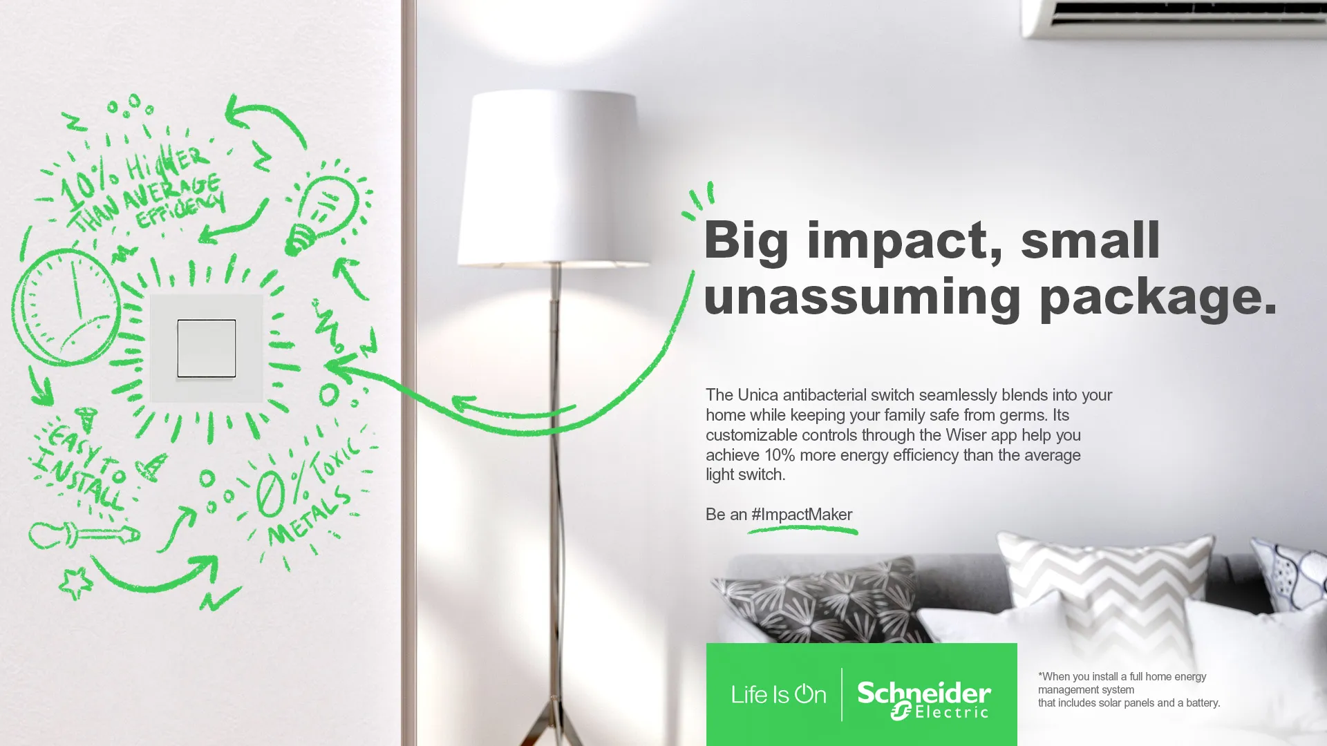 A light switch in a photographed living room with green marker illustration drawn onto the wall around it