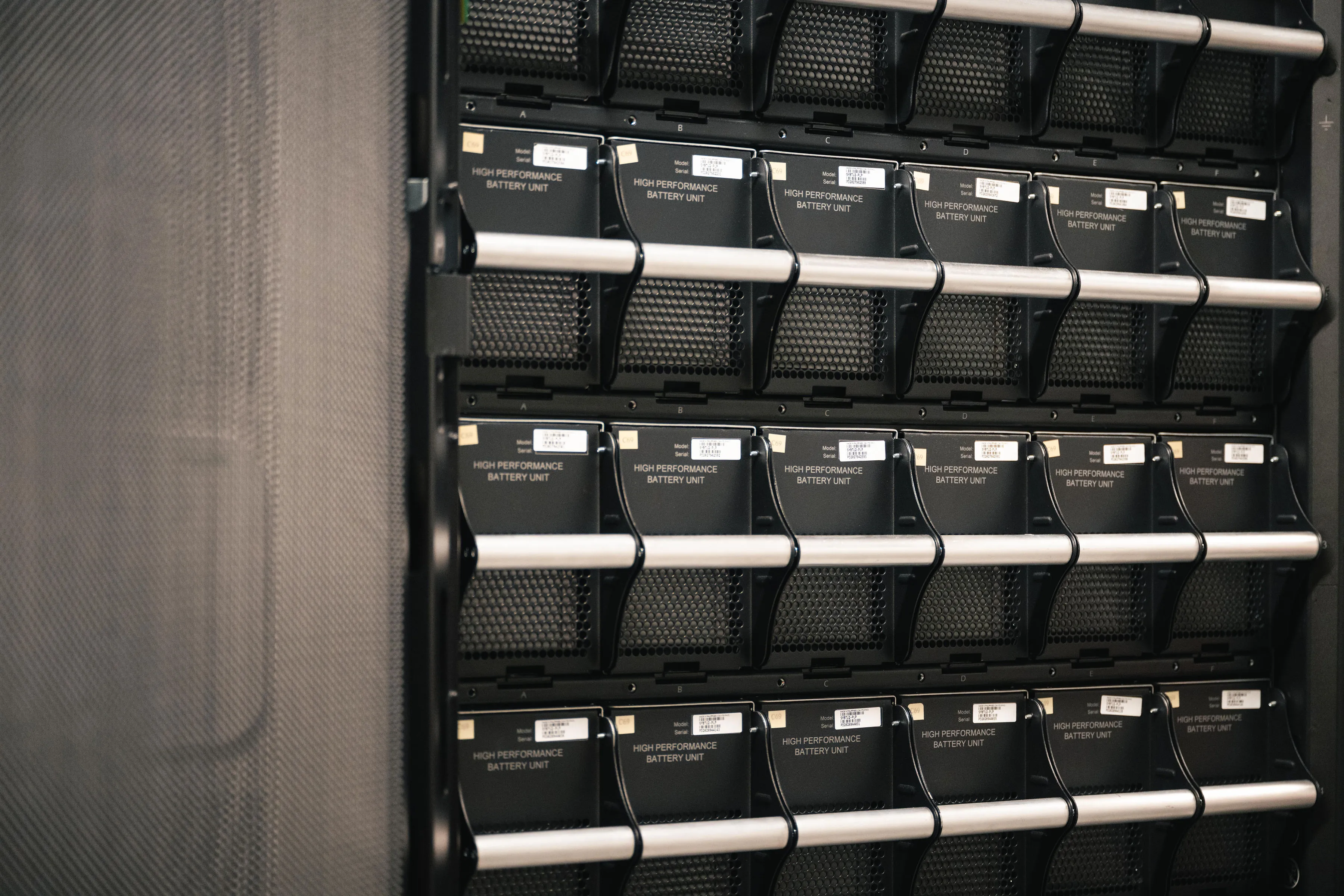 Rack of high performance battery units in a UPS room
